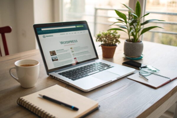 Einsteigerfreundlicher Arbeitsplatz zum Blog starten mit WordPress Arbeitsplatz mit Laptop und WordPress-Oberfläche – ideal zum Blog starten