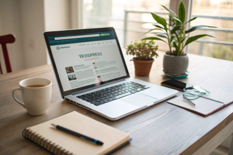 Arbeitsplatz mit Laptop und WordPress-Oberfläche – ideal zum Blog starten