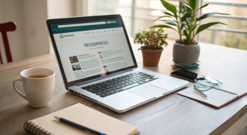 Arbeitsplatz mit Laptop und WordPress-Oberfläche – ideal zum Blog starten