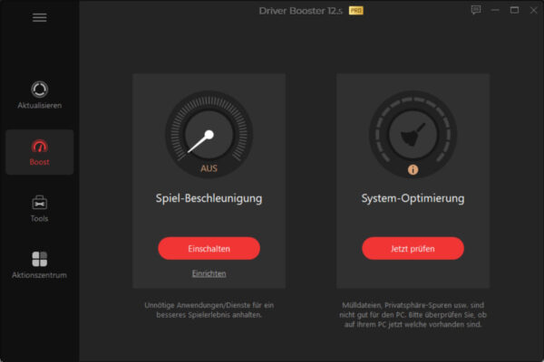 Driver Booster Pro mit Optionen zur Spiel-Beschleunigung und System-Optimierung im Boost-Menü