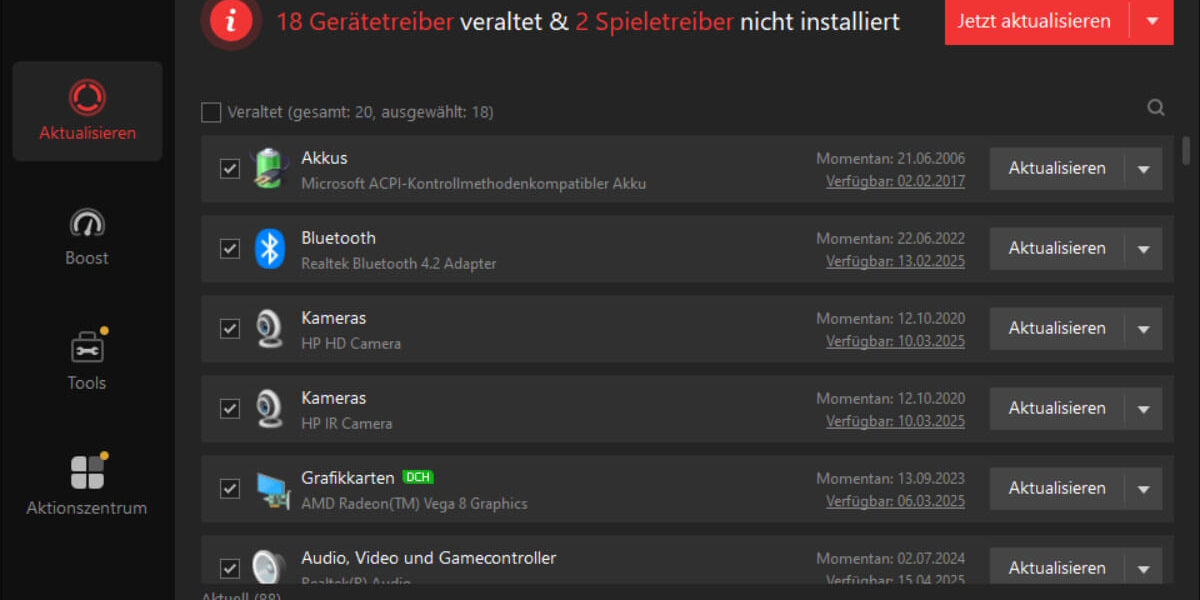 Dashboard von Driver Booster Pro mit Übersicht veralteter Gerätetreiber und Update-Funktionen