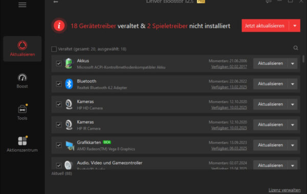 Dashboard von Driver Booster Pro mit Übersicht veralteter Gerätetreiber und Update-Funktionen