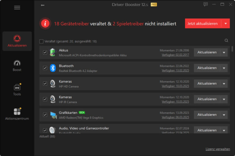 Dashboard von Driver Booster Pro mit Übersicht veralteter Gerätetreiber und Update-Funktionen