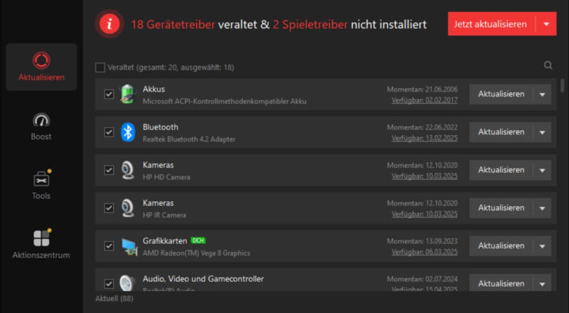 Dashboard von Driver Booster Pro mit Übersicht veralteter Gerätetreiber und Update-Funktionen