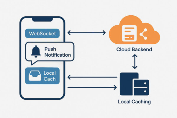 Technische Architektur einer modernen Echtzeit-App Darstellung einer Echtzeit-App-Architektur mit WebSockets und Caching