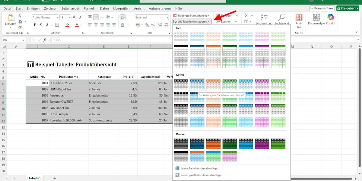 Excel-Tabellenformatvorlagen nutzen