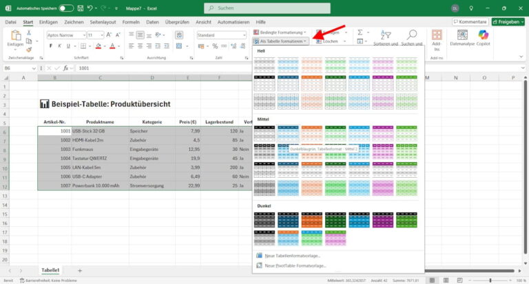 Excel-Tabellenformatvorlagen nutzen