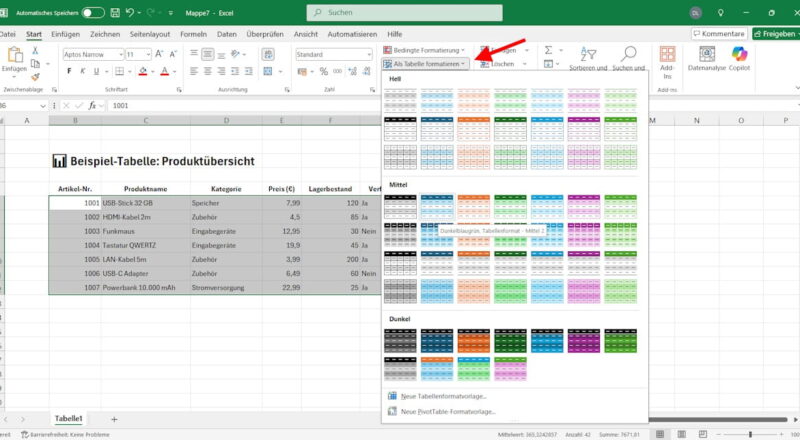 Excel-Tabellenformatvorlagen nutzen