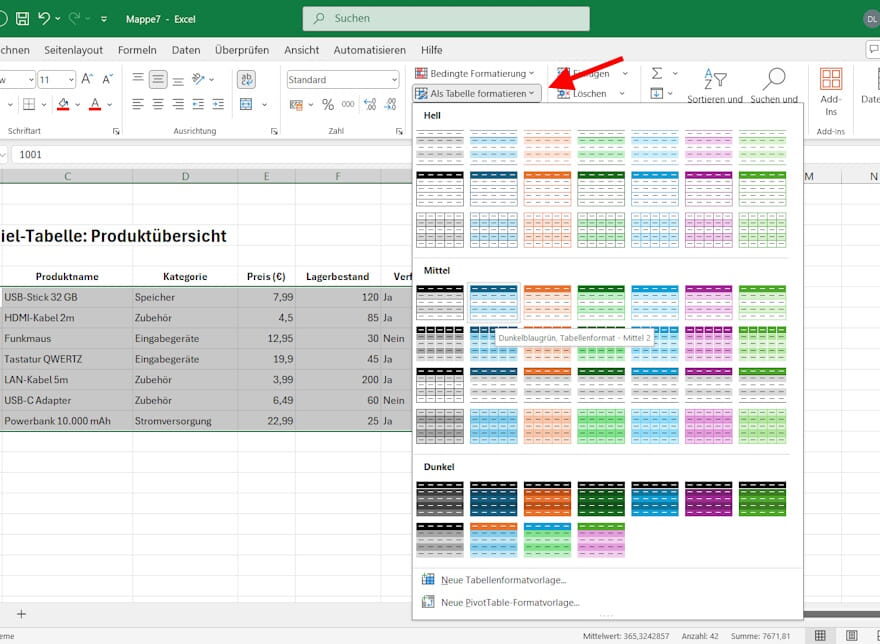 Excel-Tabellenformatvorlagen nutzen