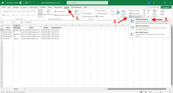Excel: Fixierung von Zeilen und Spalten aufheben leicht gemacht Excel Überschrift fixieren: Fixierung über das Menü „Ansicht“ aufheben