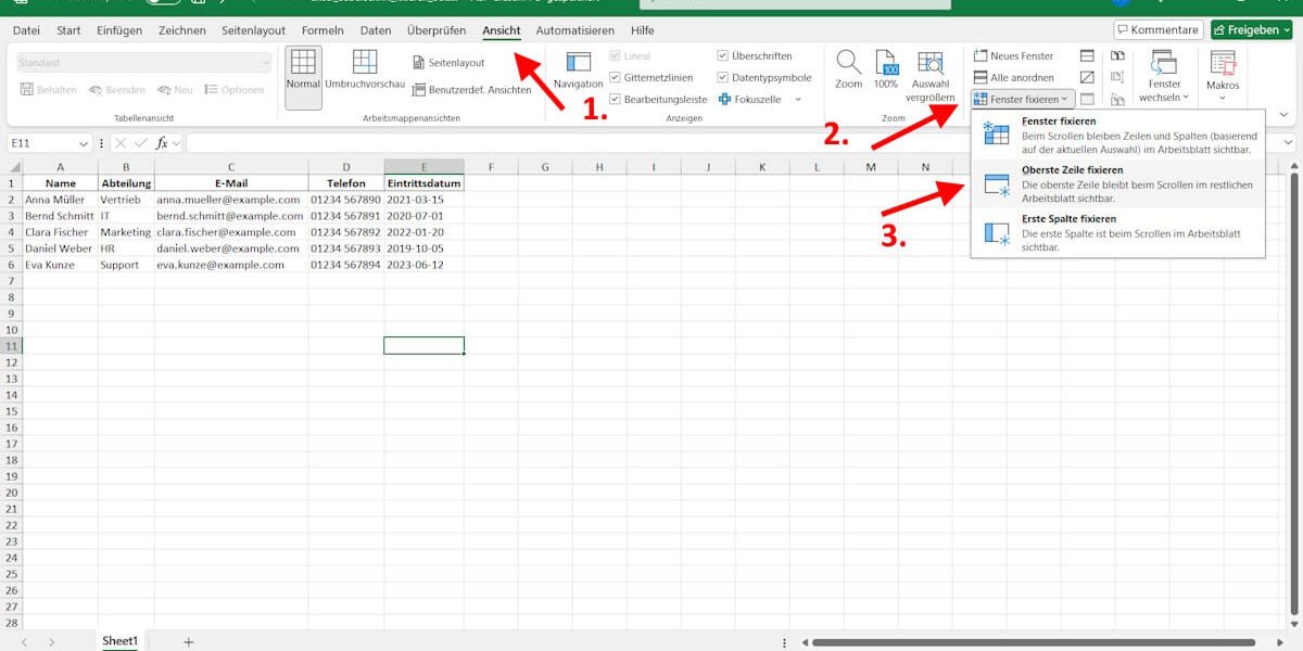 Excel Überschrift fixieren über das Menü „Ansicht“ in Microsoft Excel
