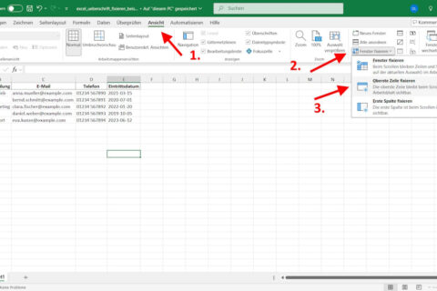 Excel Überschrift fixieren über das Menü „Ansicht“ in Microsoft Excel