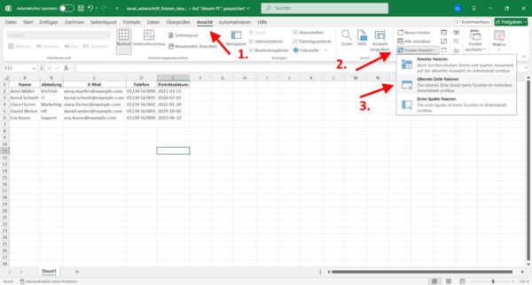 Excel: Oberste Zeile fixieren über den Menüpunkt Fenster fixieren Excel Überschrift fixieren über das Menü „Ansicht“ in Microsoft Excel