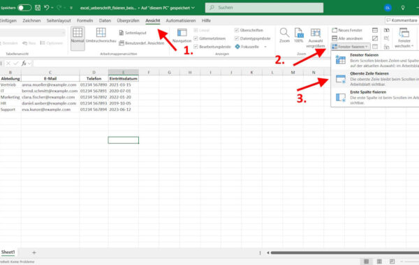 Excel Überschrift fixieren über das Menü „Ansicht“ in Microsoft Excel