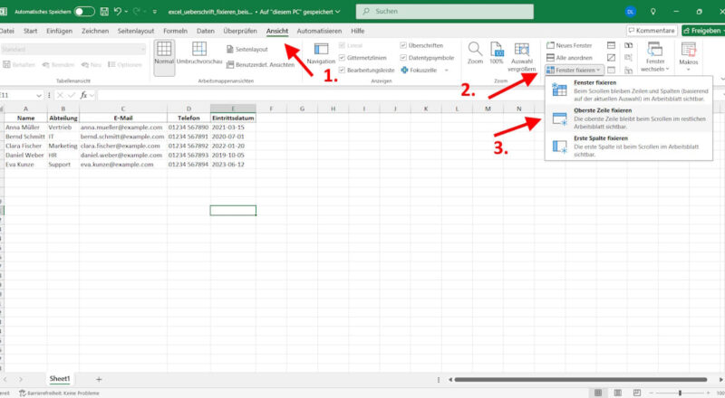 Excel Überschrift fixieren über das Menü „Ansicht“ in Microsoft Excel