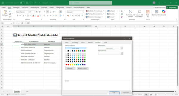 Excel jede zweite Zeile farbig durch manuelle Formatierung