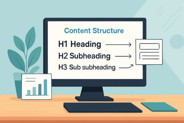 Visuelle Darstellung strukturierter Inhalte mit H1 bis H3 Strukturierter Web-Content mit H1 bis H3 für bessere Lesbarkeit