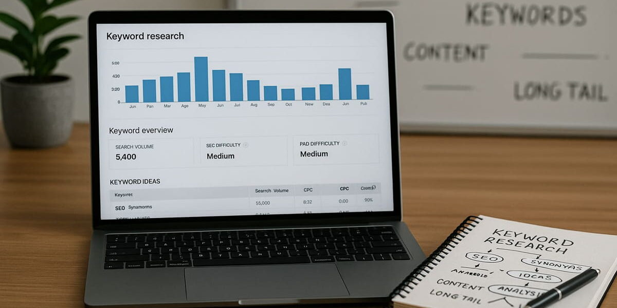 Keyword-Recherche am Laptop mit digitalen Tools und Notizen