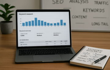 Keyword-Recherche am Laptop mit digitalen Tools und Notizen