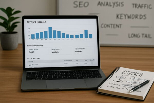 Moderne Keyword-Recherche mit Tools und Skizzen Keyword-Recherche am Laptop mit digitalen Tools und Notizen
