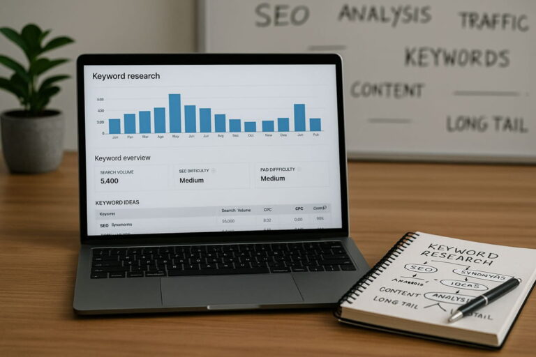 Keyword-Recherche am Laptop mit digitalen Tools und Notizen