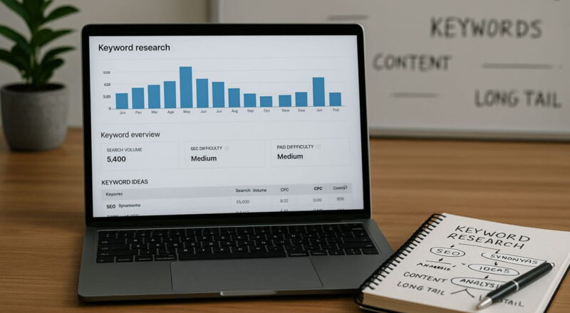 Keyword-Recherche am Laptop mit digitalen Tools und Notizen