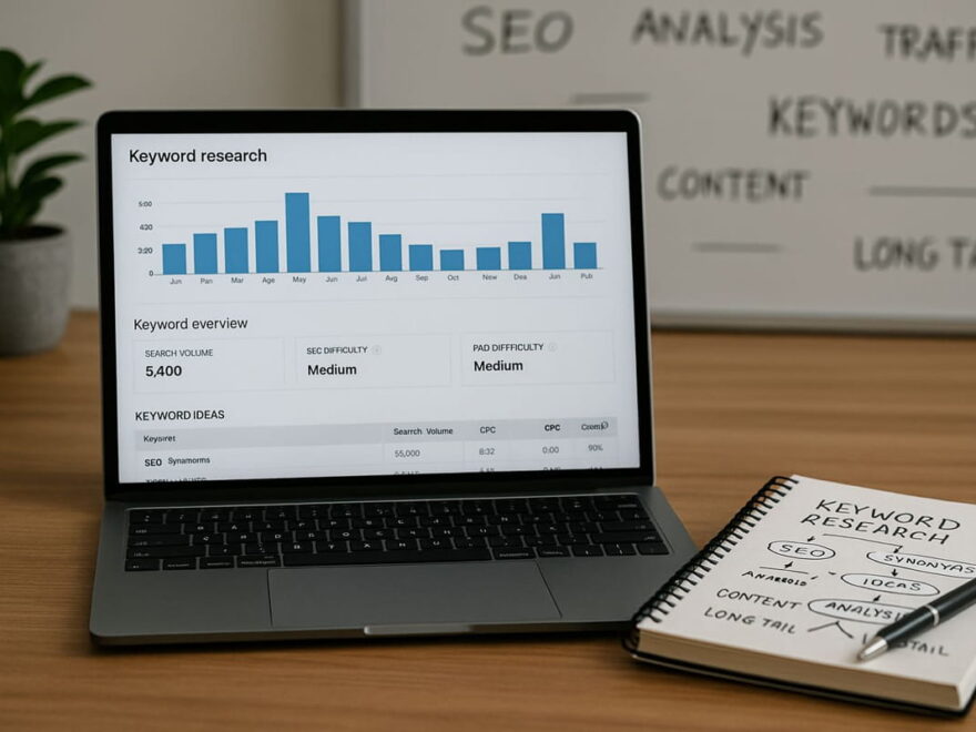 Keyword-Recherche am Laptop mit digitalen Tools und Notizen