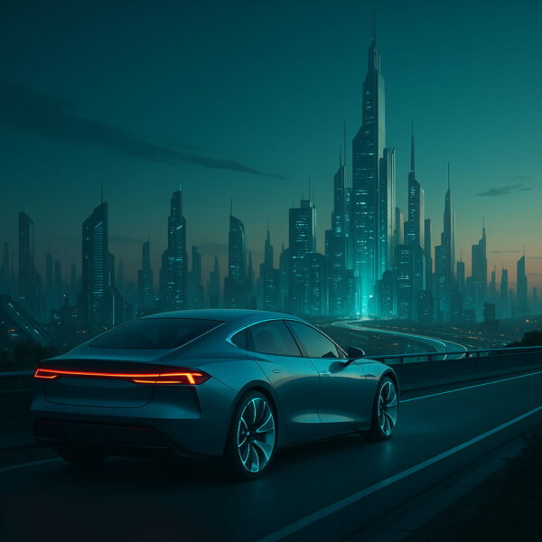 Beispiel für 3D-Grafik aus einem KI-Bildgenerator Futuristische Stadt und Auto – 3D-Stil durch KI-Bildgeneratoren erzeugt