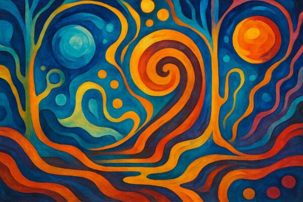 Surreale Bildkomposition mit KI-Bildgenerator erstellt Abstraktes KI-Bild mit Spiralen, Farben und Symbolen – surrealer Stil