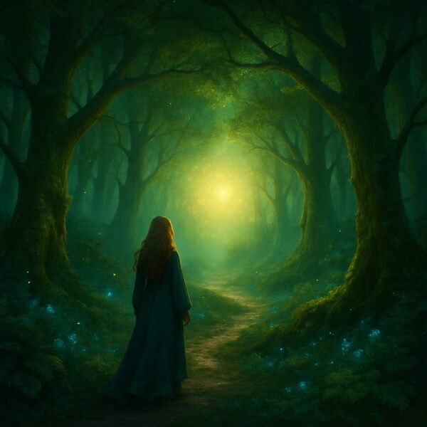 KI-Bildgeneratoren in der Fantasy-Welt – stimmungsvolle Szene Mystischer Wald mit leuchtender Kugel – KI-Bildgeneratoren im Fantasy-Stil