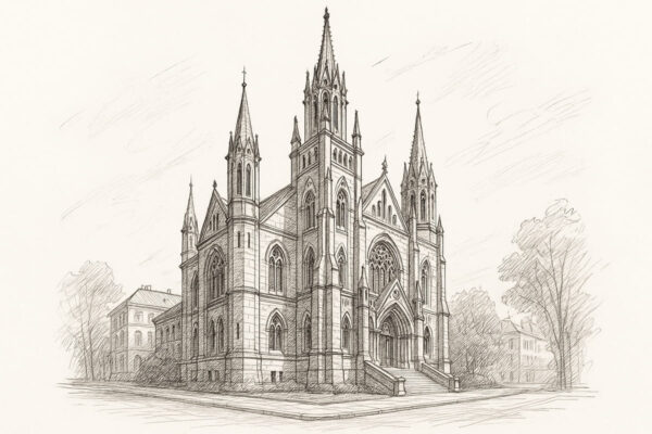 KI-Bildgeneratoren im Skizzen-Stil – handgezeichnete Optik Feine Architekturzeichnung einer Kirche – Skizzenstil von KI-Bildgeneratoren