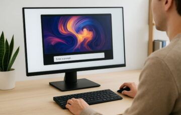 Benutzer testet verschiedene KI-Bildgeneratoren auf einem modernen Computer