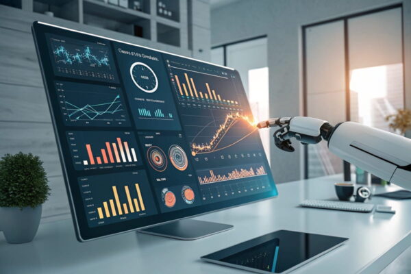 SEO-Analyse mit KI-Unterstützung Künstliche Intelligenz analysiert SEO-Daten auf einem Bildschirm