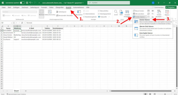 Excel: Mehrere Zeilen und Spalten gleichzeitig fixieren mit Fenster fixieren Excel Überschrift fixieren: Fenster fixieren mit ausgewählter Zelle für mehrere Zeilen und Spalten