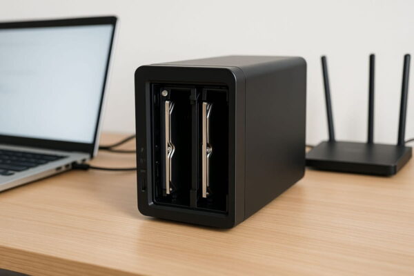 NAS Server mit zwei Festplatteneinschüben auf einem Schreibtisch im Heimnetzwerk