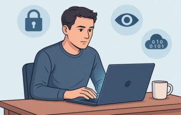 Privatsphäre im digitalen Zeitalter mit Laptop und Datensymbolen