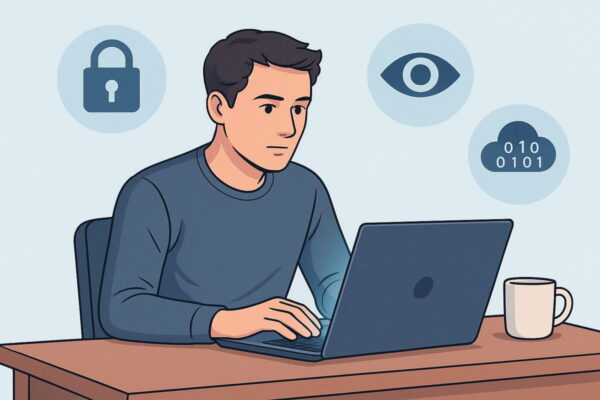 Symbolbild: Privatsphäre im digitalen Raum Privatsphäre im digitalen Zeitalter mit Laptop und Datensymbolen
