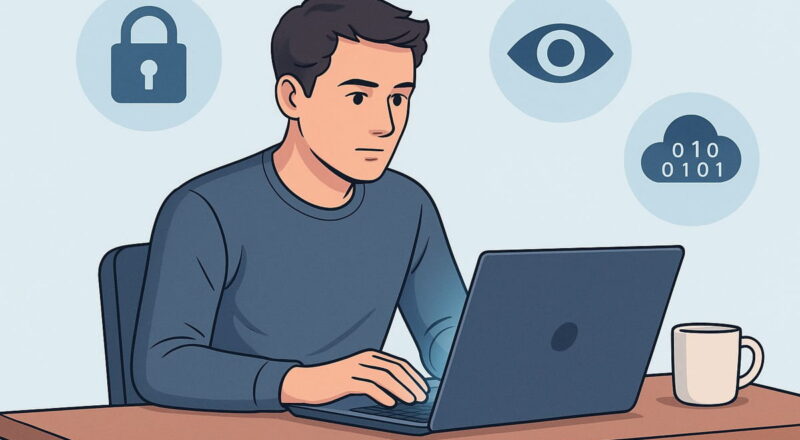 Privatsphäre im digitalen Zeitalter mit Laptop und Datensymbolen