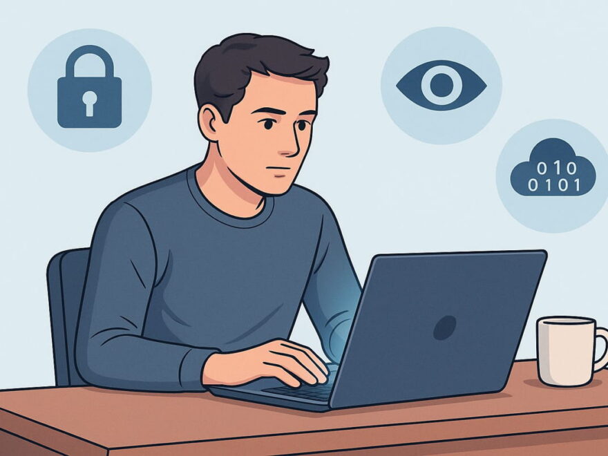 Privatsphäre im digitalen Zeitalter mit Laptop und Datensymbolen