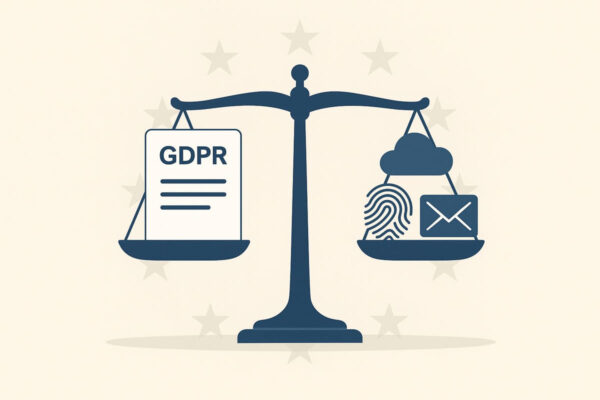 Symbolbild: DSGVO als Grundlage für digitale Privatsphäre Privatsphäre und DSGVO als digitales Gleichgewicht mit Datensymbolen
