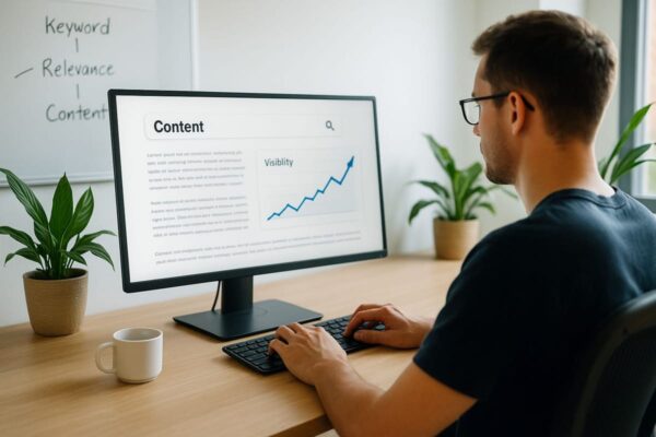 Content schreiben für bessere Sichtbarkeit im Netz Content-Erstellung am Schreibtisch mit Fokus auf SEO-Sichtbarkeit