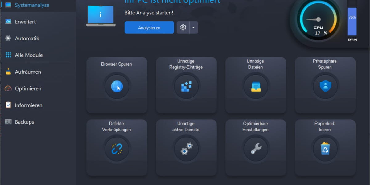 Startbildschirm von Ashampoo WinOptimizer 28 mit Übersicht der Systemanalyse-Funktionen