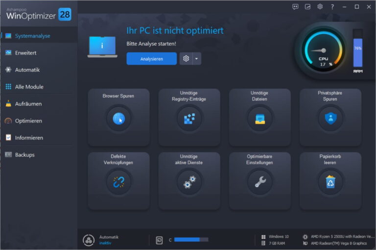 Startbildschirm von Ashampoo WinOptimizer 28 mit Übersicht der Systemanalyse-Funktionen