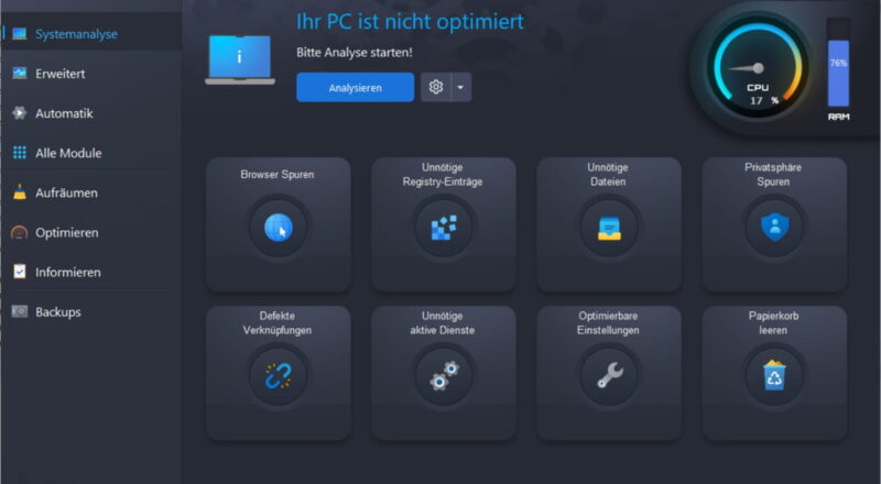 Startbildschirm von Ashampoo WinOptimizer 28 mit Übersicht der Systemanalyse-Funktionen