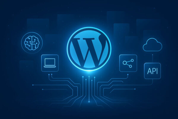 WordPress 2025: Zukunftstrends wie KI und Headless CMS Futuristische Darstellung der WordPress-Zukunft mit KI, API und Cloud
