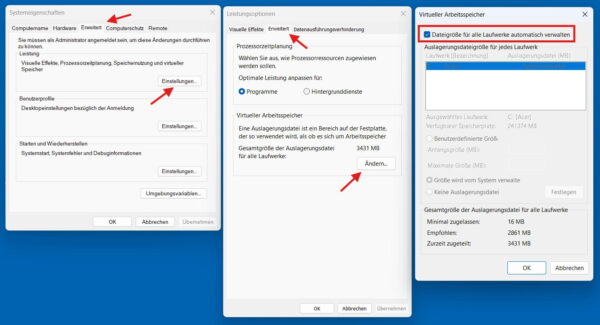Windows 11 Dialog für virtuellen Arbeitsspeicher mit aktivierter automatischer Verwaltung der Auslagerungsdatei