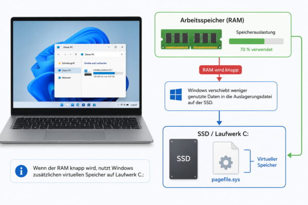 Infografik erklärt, wie Windows die Auslagerungsdatei als virtuellen Speicher nutzt, wenn der Arbeitsspeicher knapp wird.