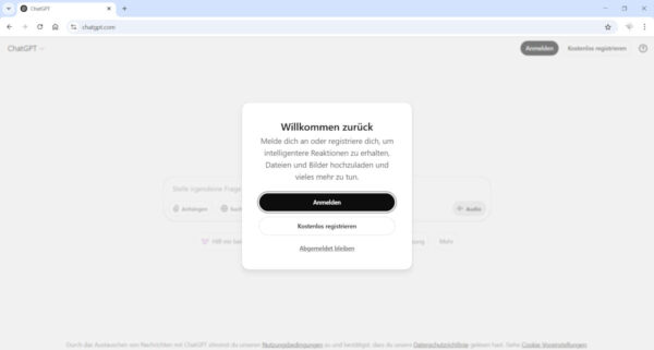ChatGPT Anmeldung – so registrierst du dich kostenlos ChatGPT Anmeldemaske mit Optionen zur Registrierung und Login