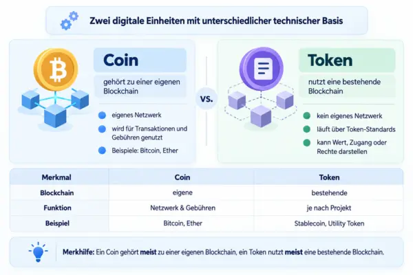 Coin und Token im Vergleich Vergleich zwischen Coin mit eigener Blockchain und Token auf bestehender Blockchain