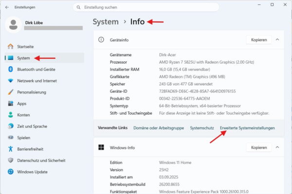 Windows 11 Einstellungen mit markiertem Weg zu den erweiterten Systemeinstellungen für die Auslagerungsdatei